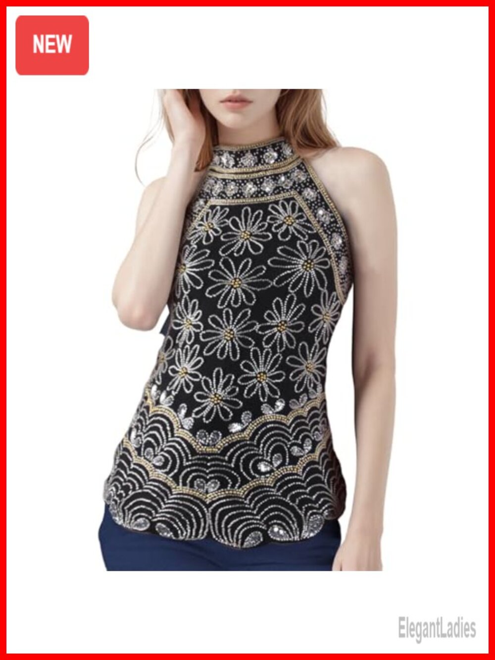1920s Beaded Sequin High Neck Sleeveless Floral Gatsby Blouse
